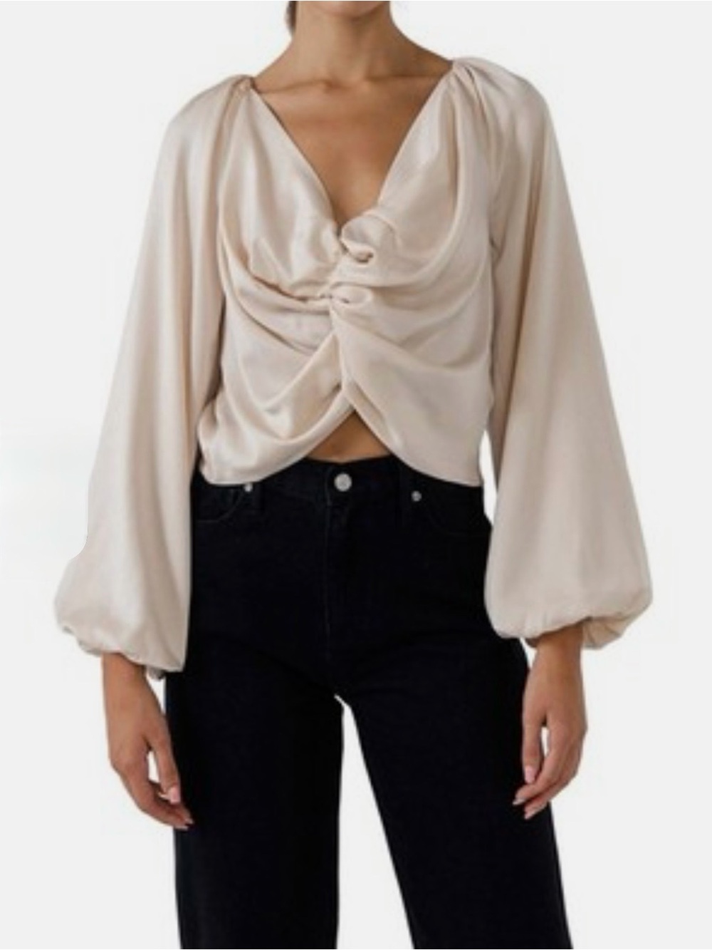 Endless Rose Ivory Satin Twist Front Blouse M NWT Coquette Balloon Sleeve Top